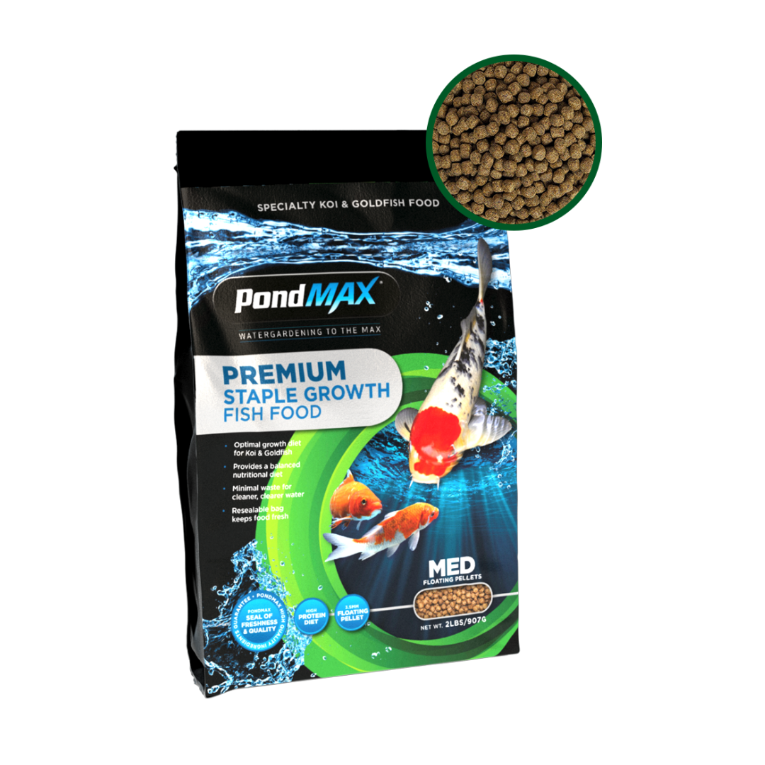 PondMax Premium Staple Growth Fish Food packaging with a close-up of fish food pellets.