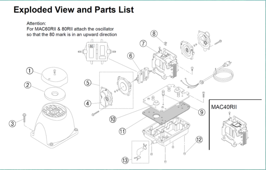 Exploded view of FujiMAC Air Pumps with Part Numbers