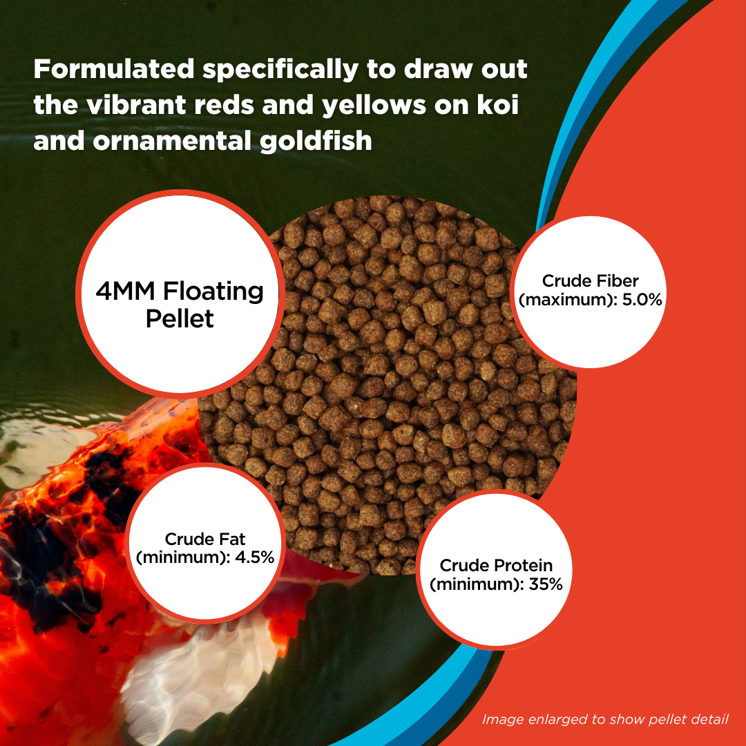 Koi fish food pellets with nutritional information displayed on a colorful background