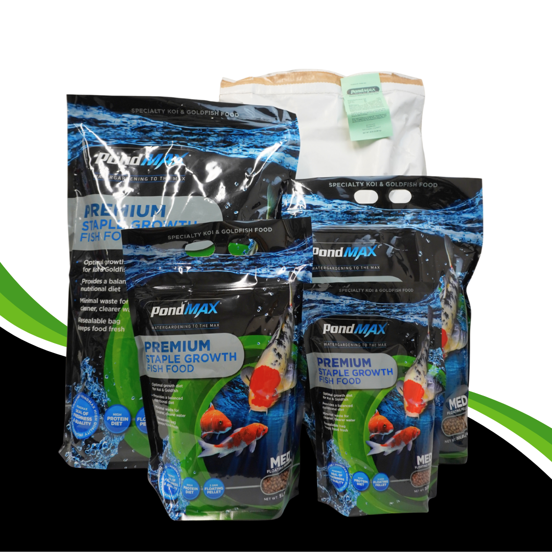 PondMax premium staple growth fish food packages on a white background
