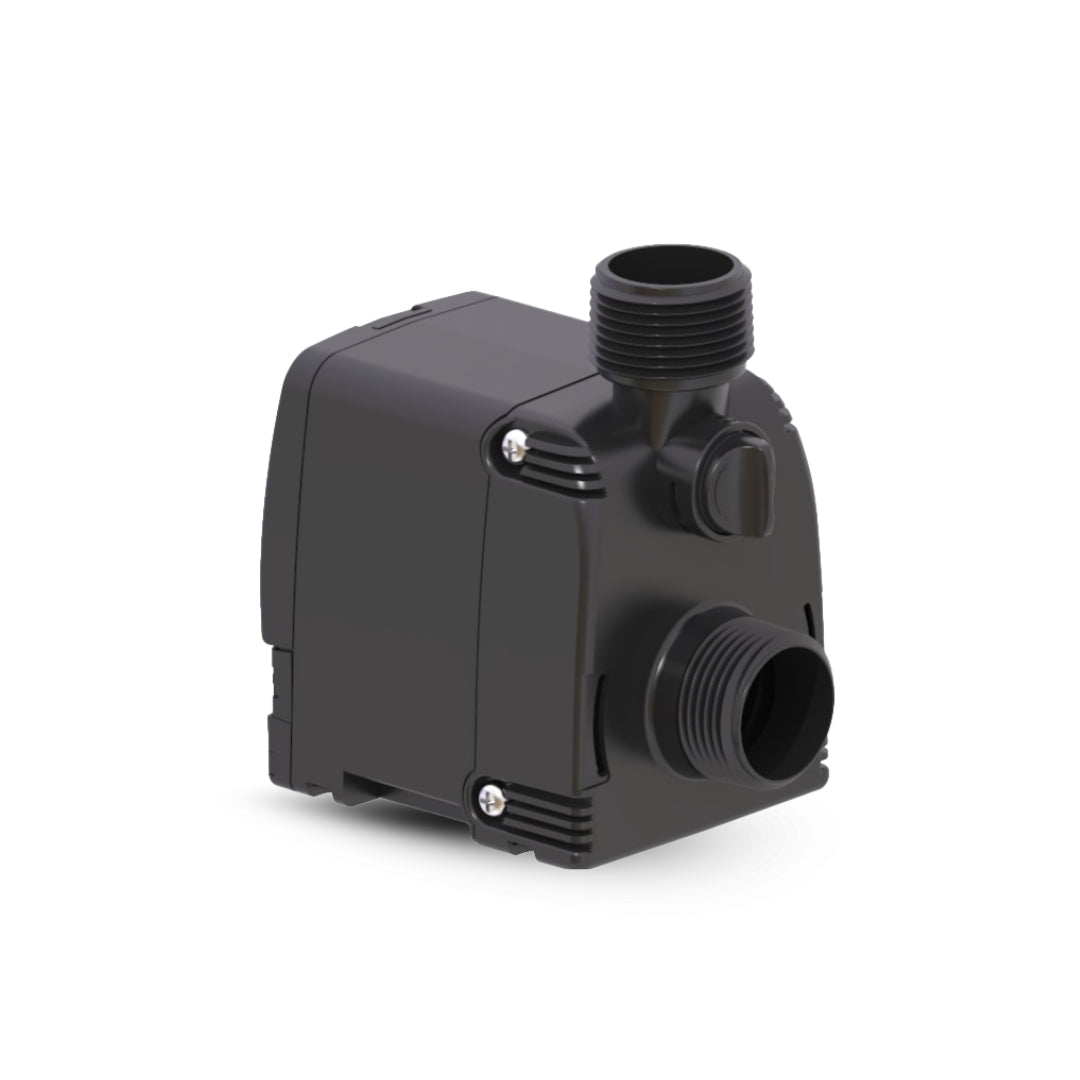 Black mechanical pump on a white background showing threads and control valve 