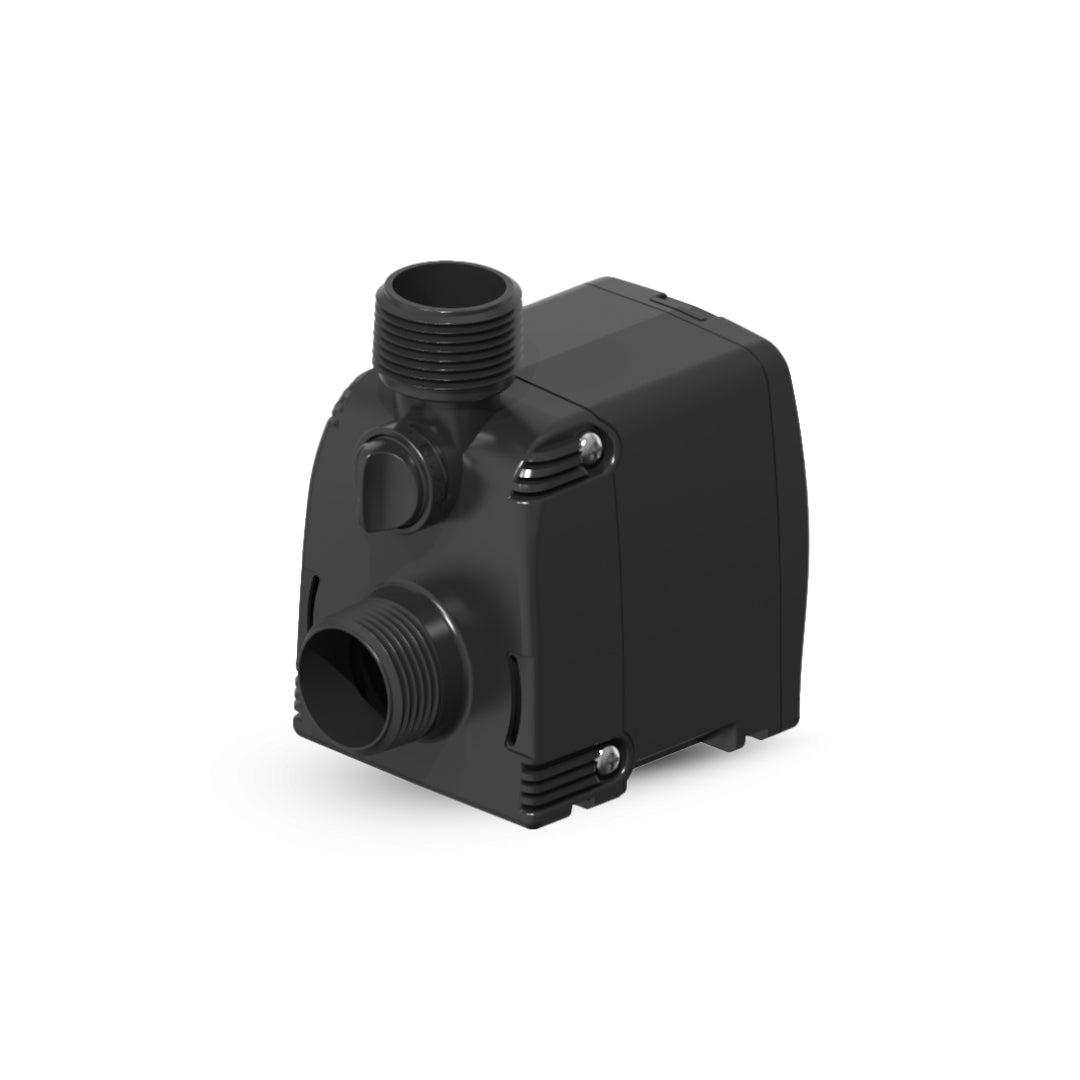 Black mechanical pump on a white background showing threads and control valve 